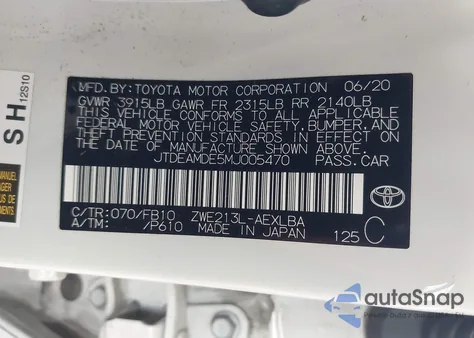 2021 Toyota Corolla Hybrid Le z USA, uszkodzony, nr VIN JTDEAMDE5MJ005470